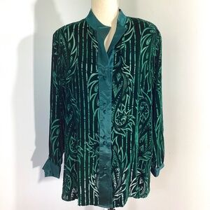 NWT VTG BOB MACKIE WEARABLE ART SIZE LARGE CHRISTMAS GREEN TUNIC BURNOUT…